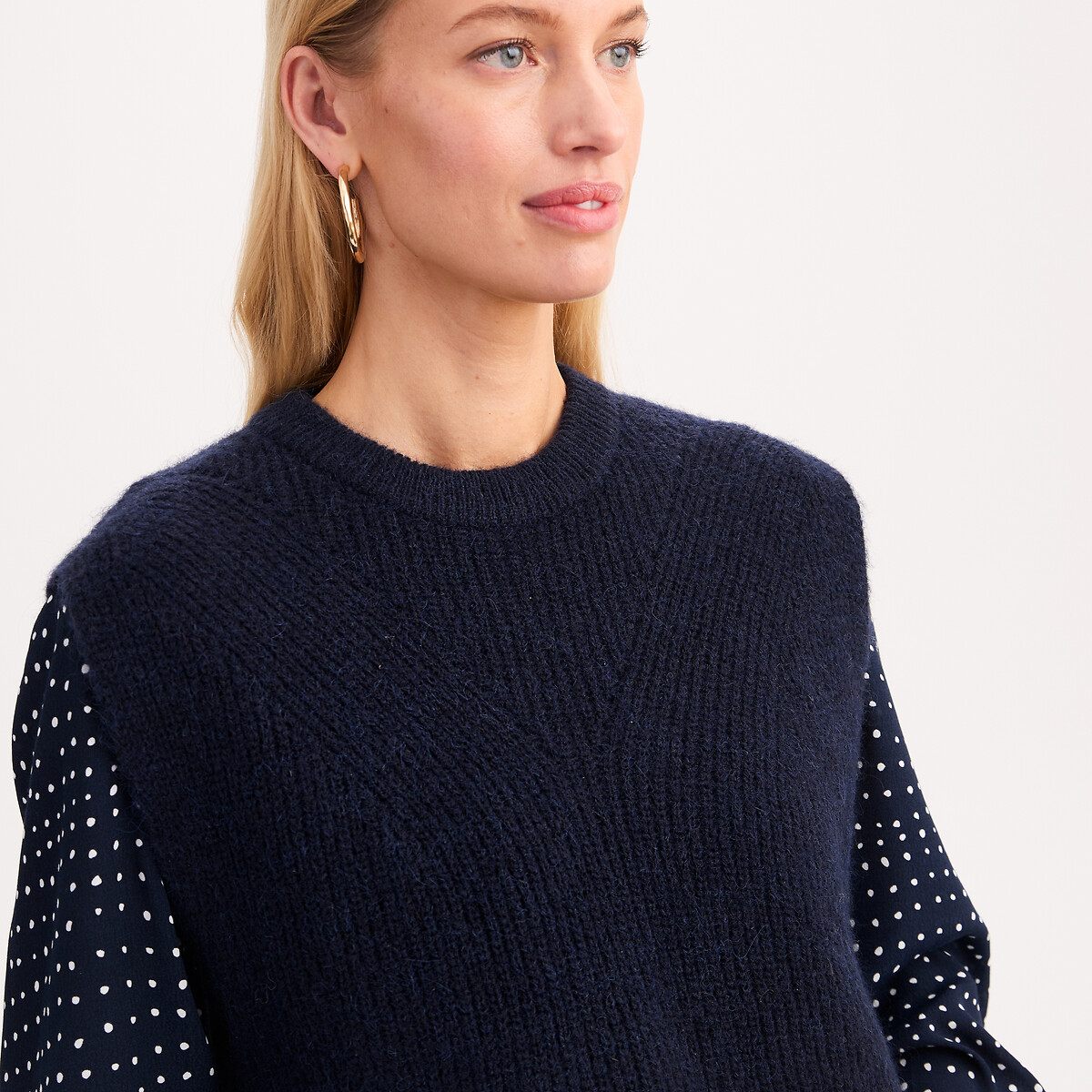 Pull sans manches, laine et alpaga mélangés bleu marine, ANNE WEYBURN