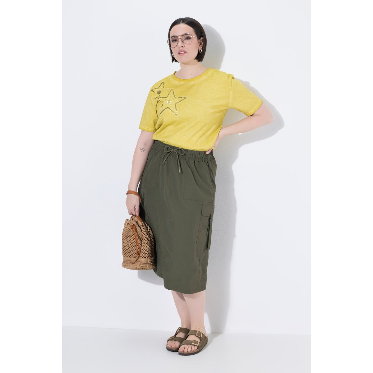 Jupe midi cargo, coupe A, poches cargo gris olive, ULLA POPKEN