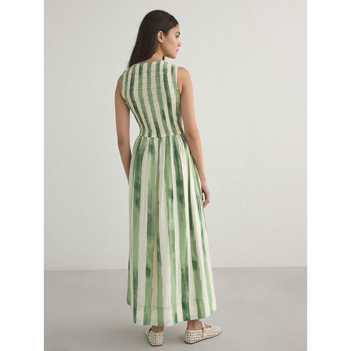 Robe longue à corsage froncé nouer vert à rayures, NEXT