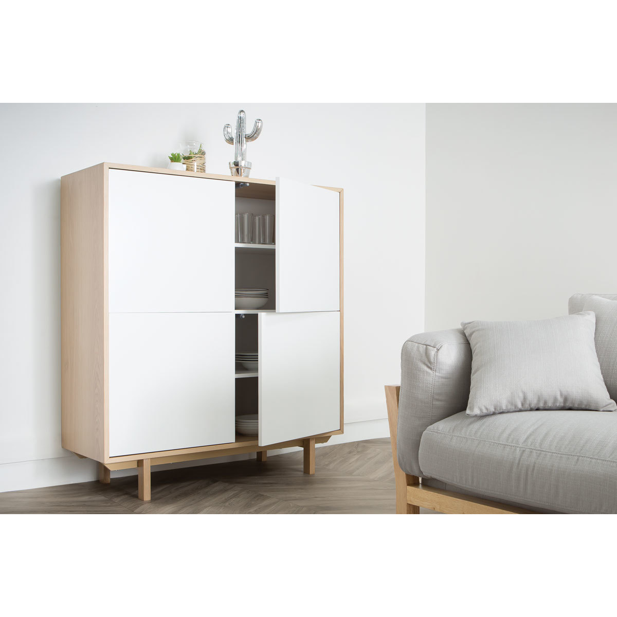 Buffet haut scandinave bois et blanc  4 portes L110 cm SID bois clair / blanc, MILIBOO