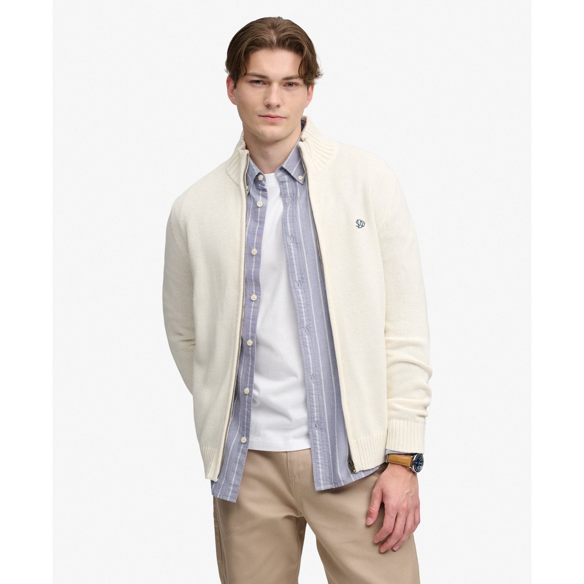 Pull en maille à fermeture éclair crème, SUPERDRY
