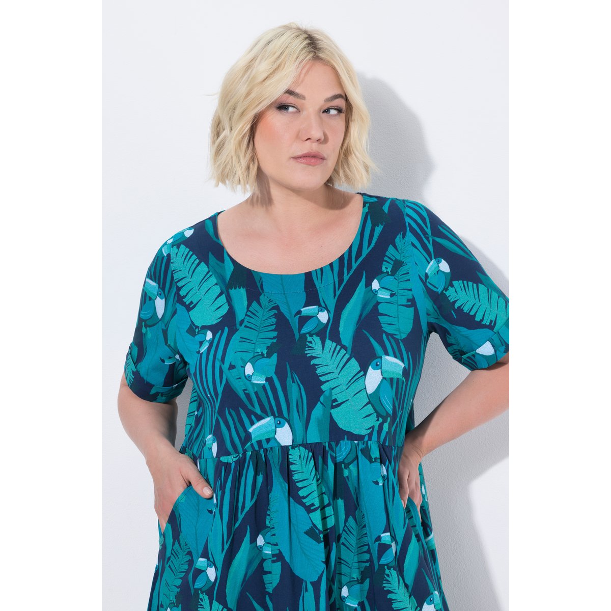 Robe midi en jersey, motif toucans bleu turquoise, ULLA POPKEN