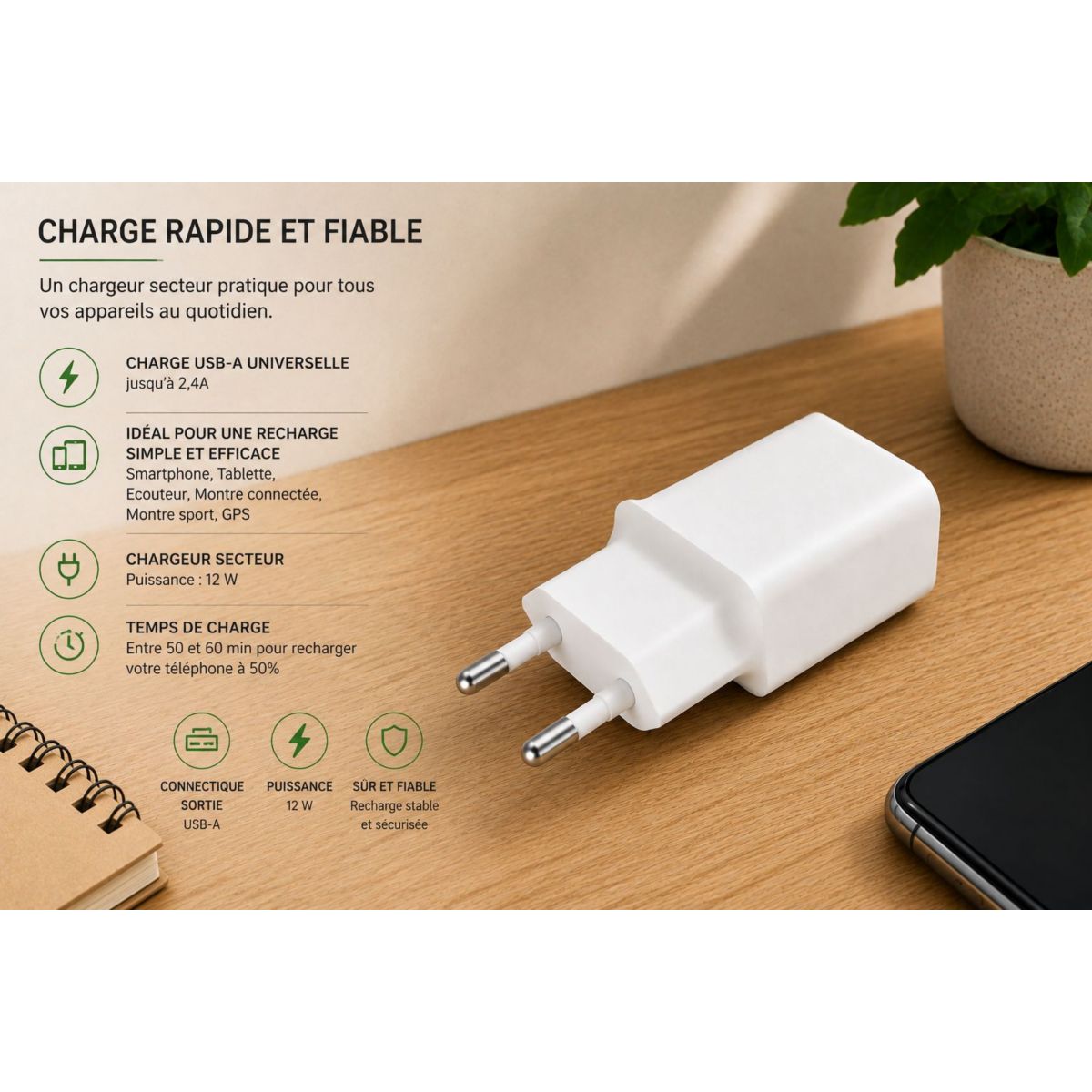 Chargeur 12W USB-A Blanc compatible iPhone 17 16 15 Pro Max et Samsung Galaxy blanc, ESSENTIEL B