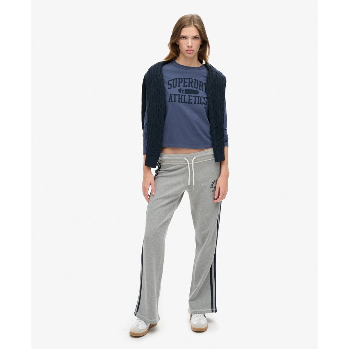 Pantalon de survêtement évasé à rayures Athletic Essentials gris chiné, SUPERDRY