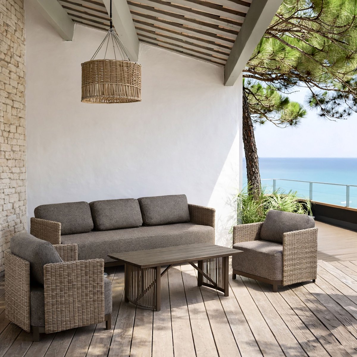 Salon de jardin 5 places en aluminium et tissu, MADRAGUE moka, NOW'S HOME