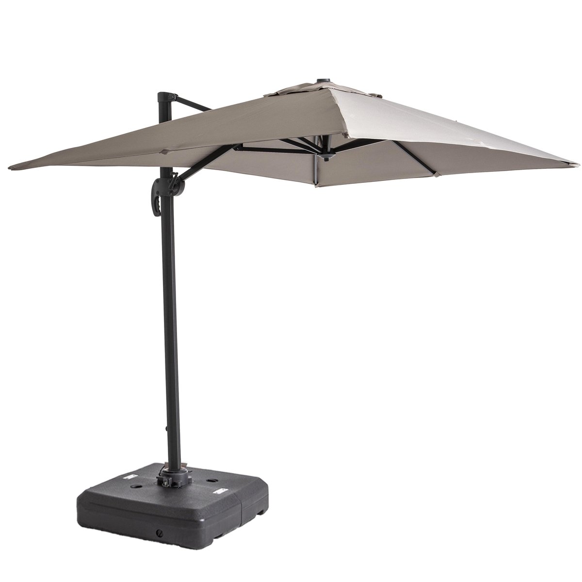 Parasol déporté inclinable rotatif 2 x 3m et dalle à lester sur roues, AMALYA taupe, OVIALA