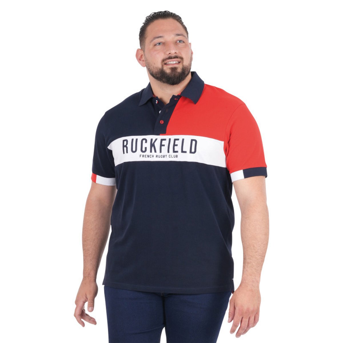 Polo en coton biologique marine uni pourvu d'un col boutonné bleu foncé, RUCKFIELD