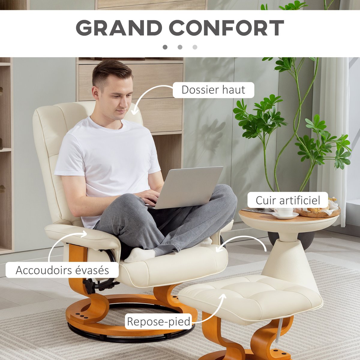 Fauteuil inclinable avec repose-pieds crème, bois naturel, HOMCOM