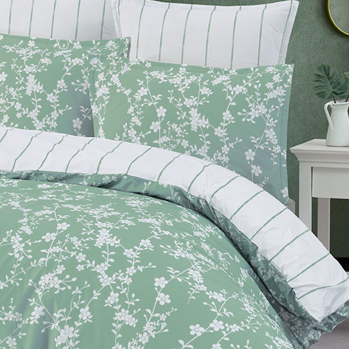 Housse de couette en percale de coton MAYA lichen, SENSEI MAISON