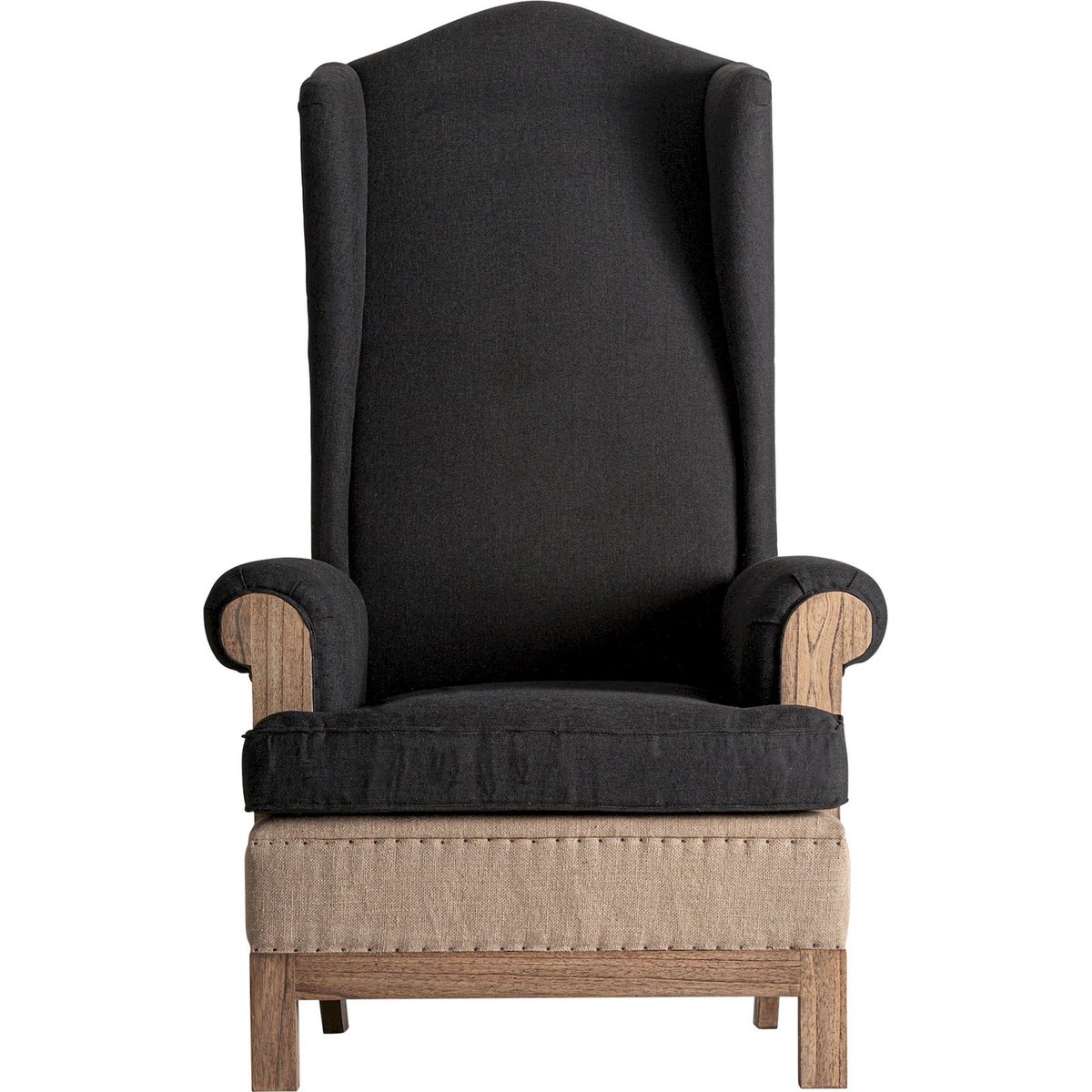 Fauteuil bergère haut dossier bois et lin noir et bois brun, RECOLLECTION