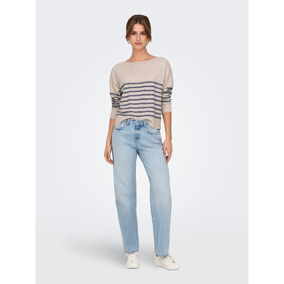 Pull con scollo a barchetta a righe beige a strisce blu, ONLY