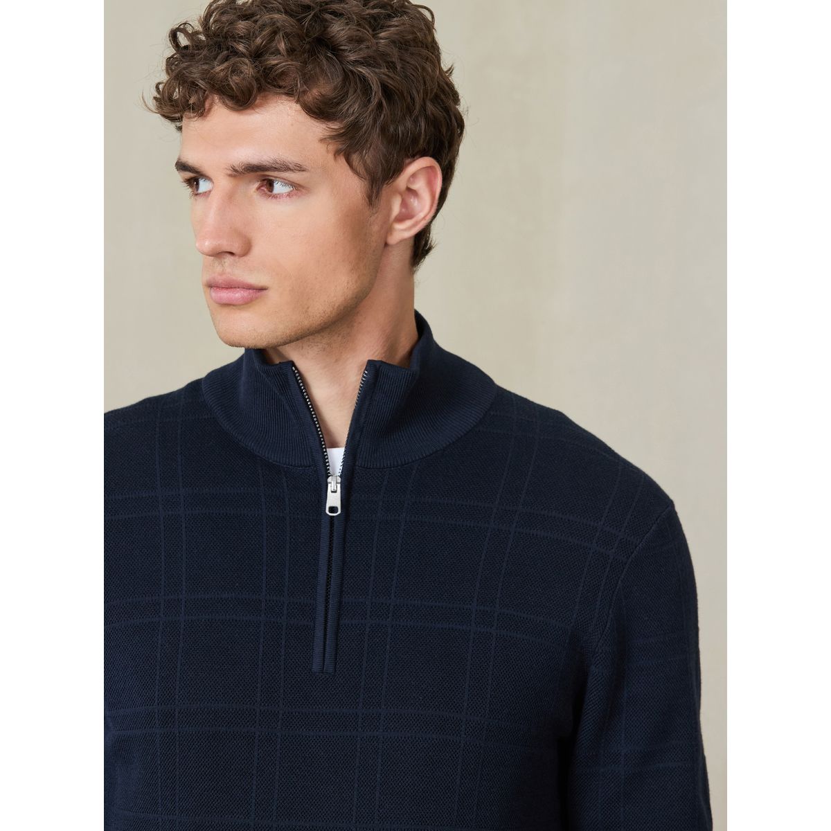 Pull à col zippé et carreaux texturés bleu marine, NEXT
