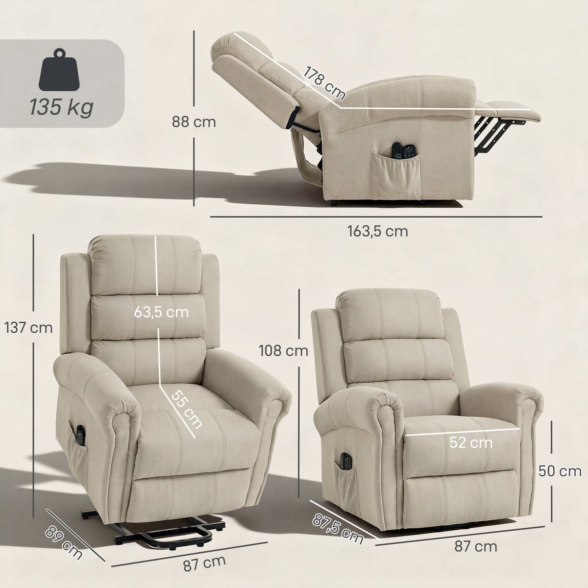 Fauteuil releveur multifonctionnel Lin (100% beige, HOMCOM