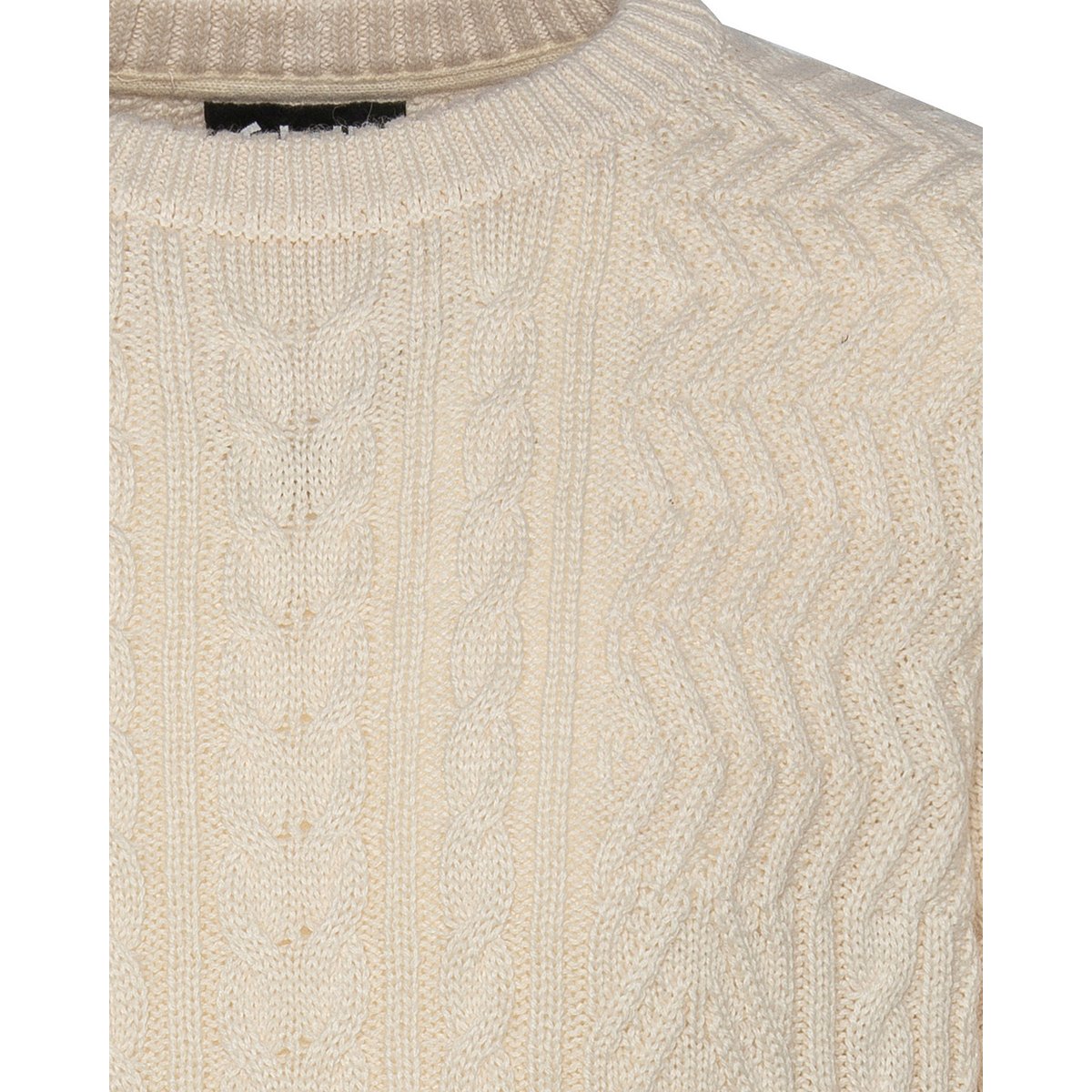 Pull col rond noir, maille torsadée blanc cassé, SCHOTT