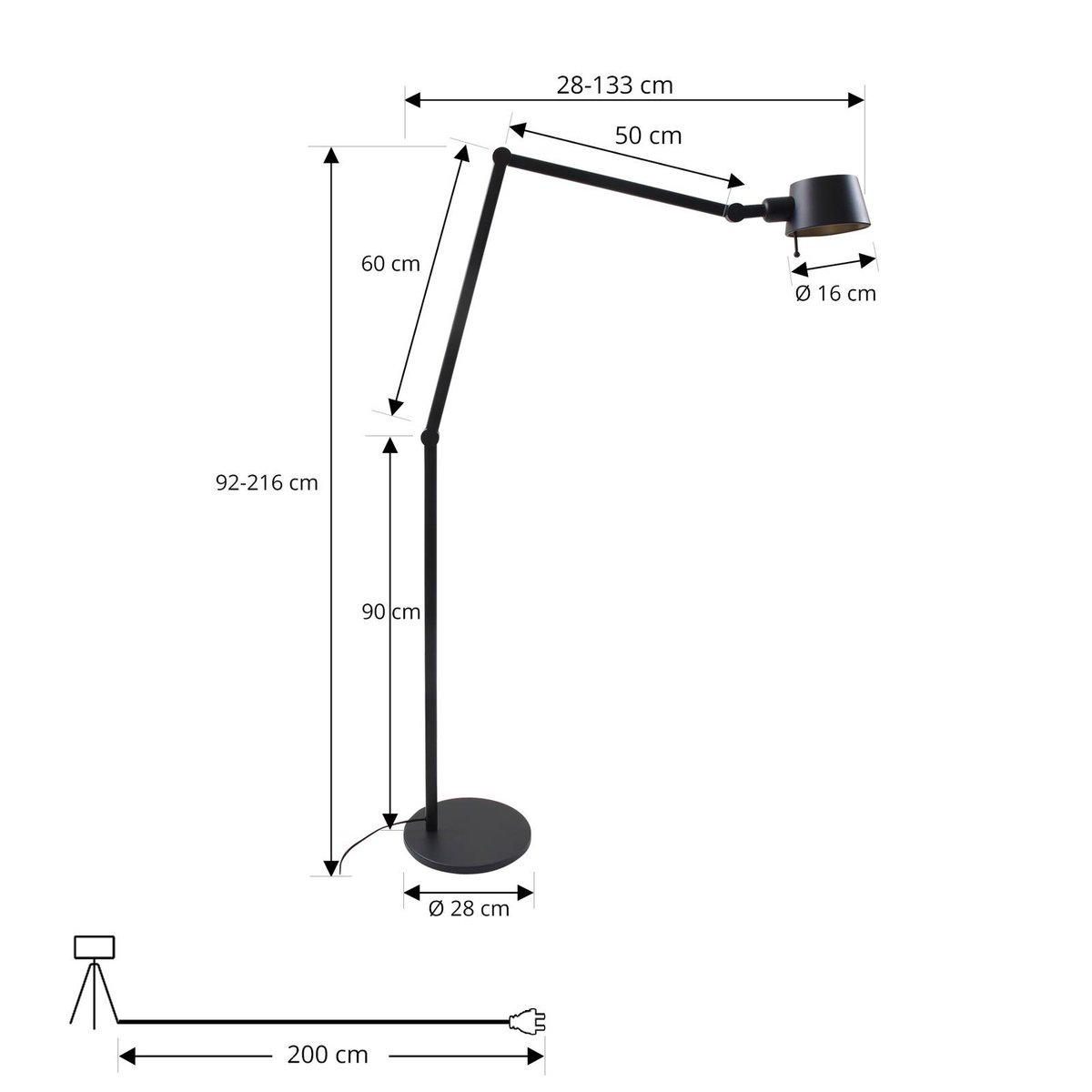 Lampadaire en métal moderne, Silka noir, or, LUCANDE