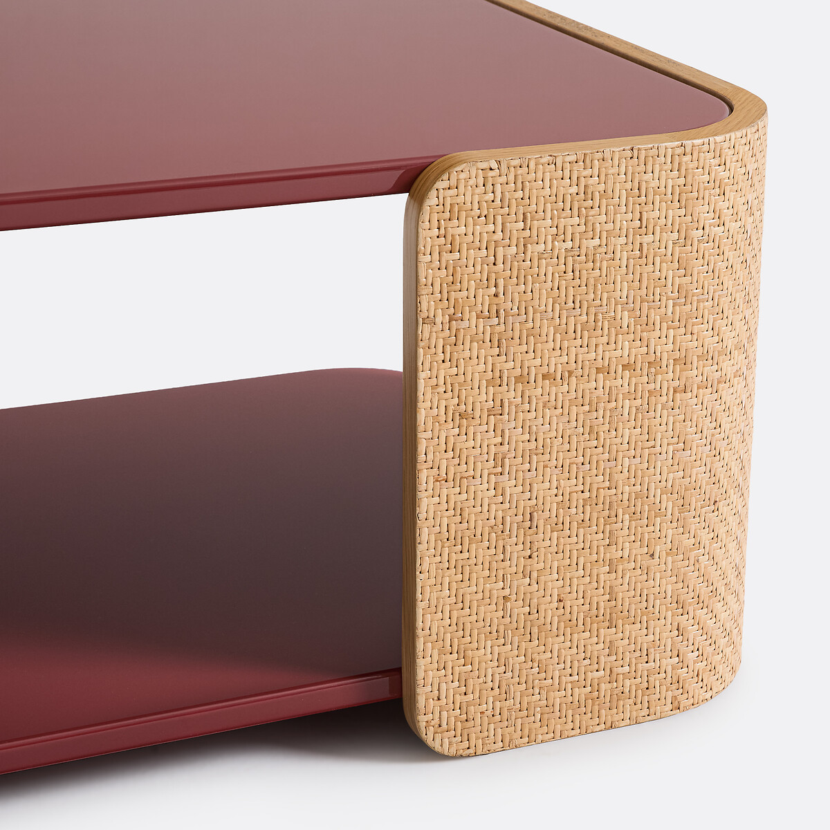 Table basse en laque brillante bordeaux et cannage, double plateau, TALMA plaqué chêne / terracotta, LA REDOUTE INTERIEURS