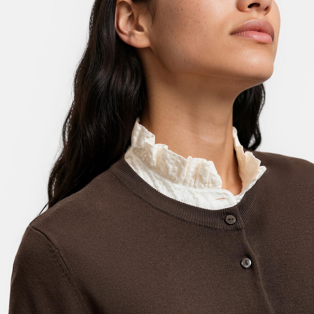 Chaqueta de punto fino con botones y cuello redondo marrón oscuro, LA REDOUTE COLLECTIONS