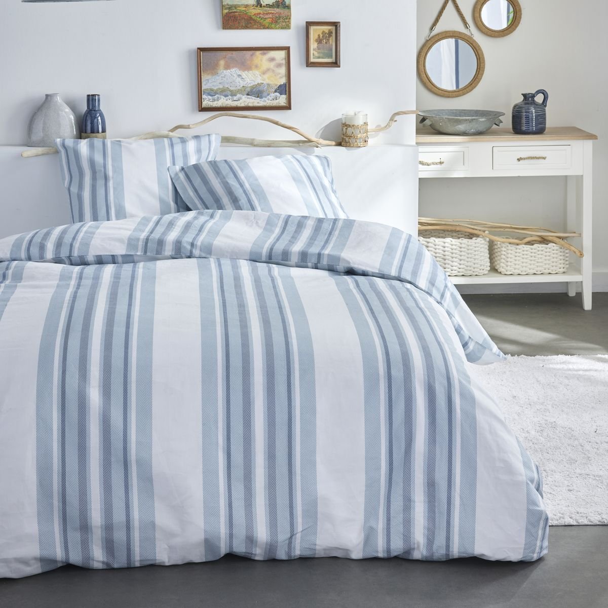 Parure de lit imprimé Rayures Coton SUNSHINE JEAN blanc, TODAY