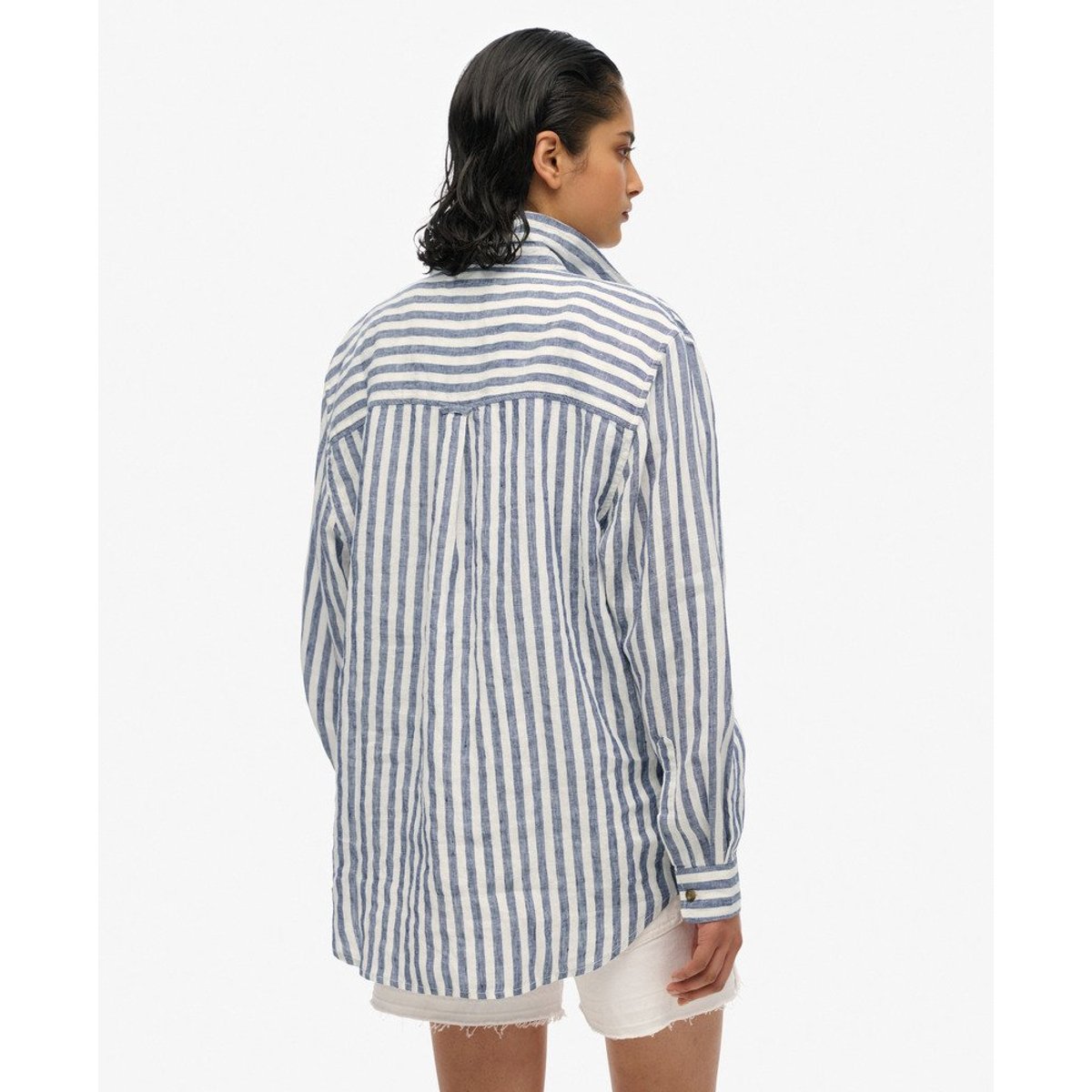 Chemise boyfriend décontractée en lin bleu à larges rayures, SUPERDRY