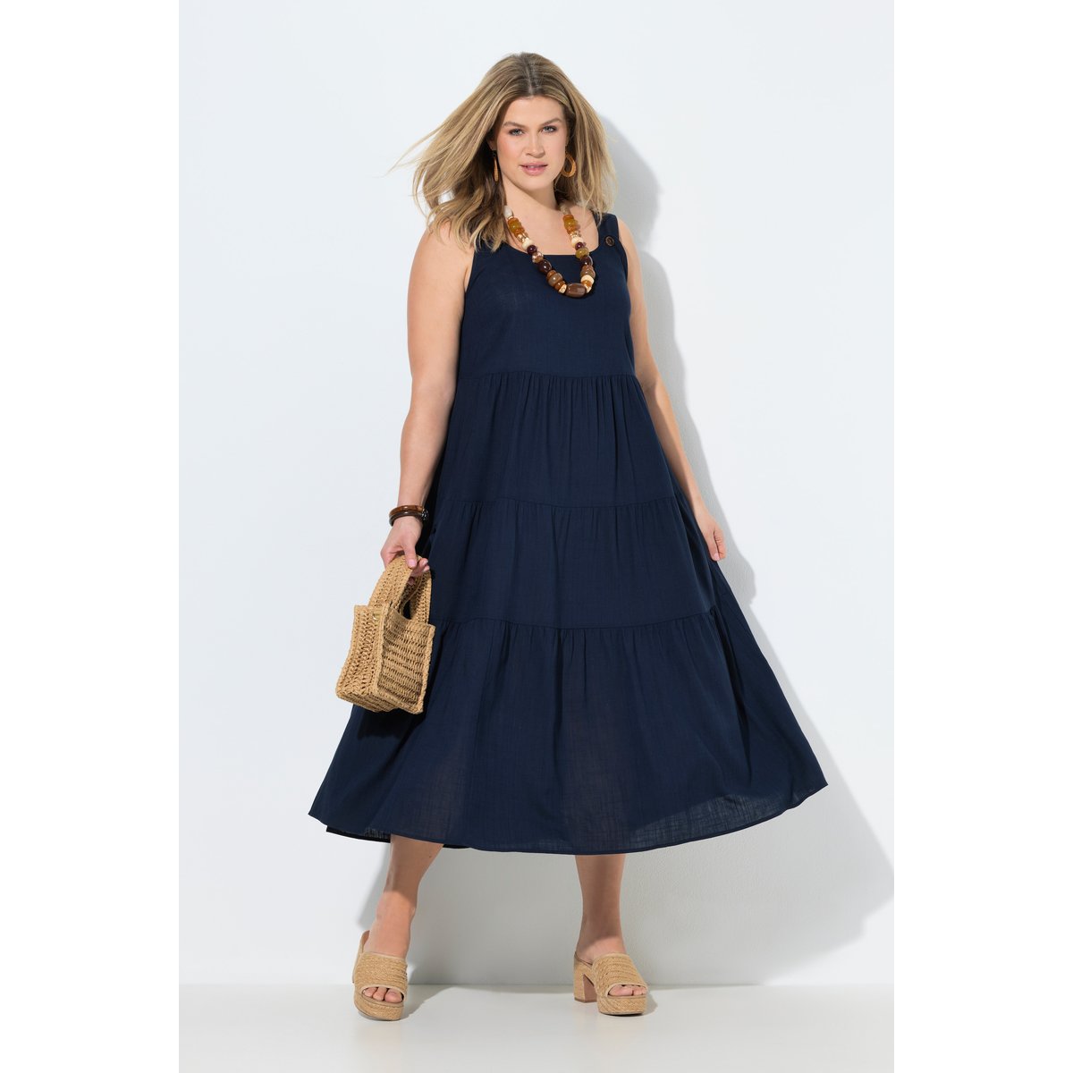 Robe à bretelles en lin mélangé marine, ULLA POPKEN