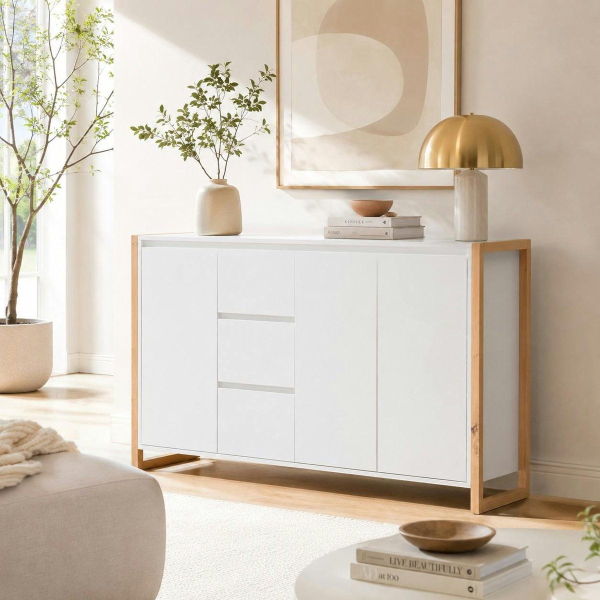 Buffet enfilade 160 cm, 3 portes 3 tiroirs ALVA blanc, PIER IMPORT