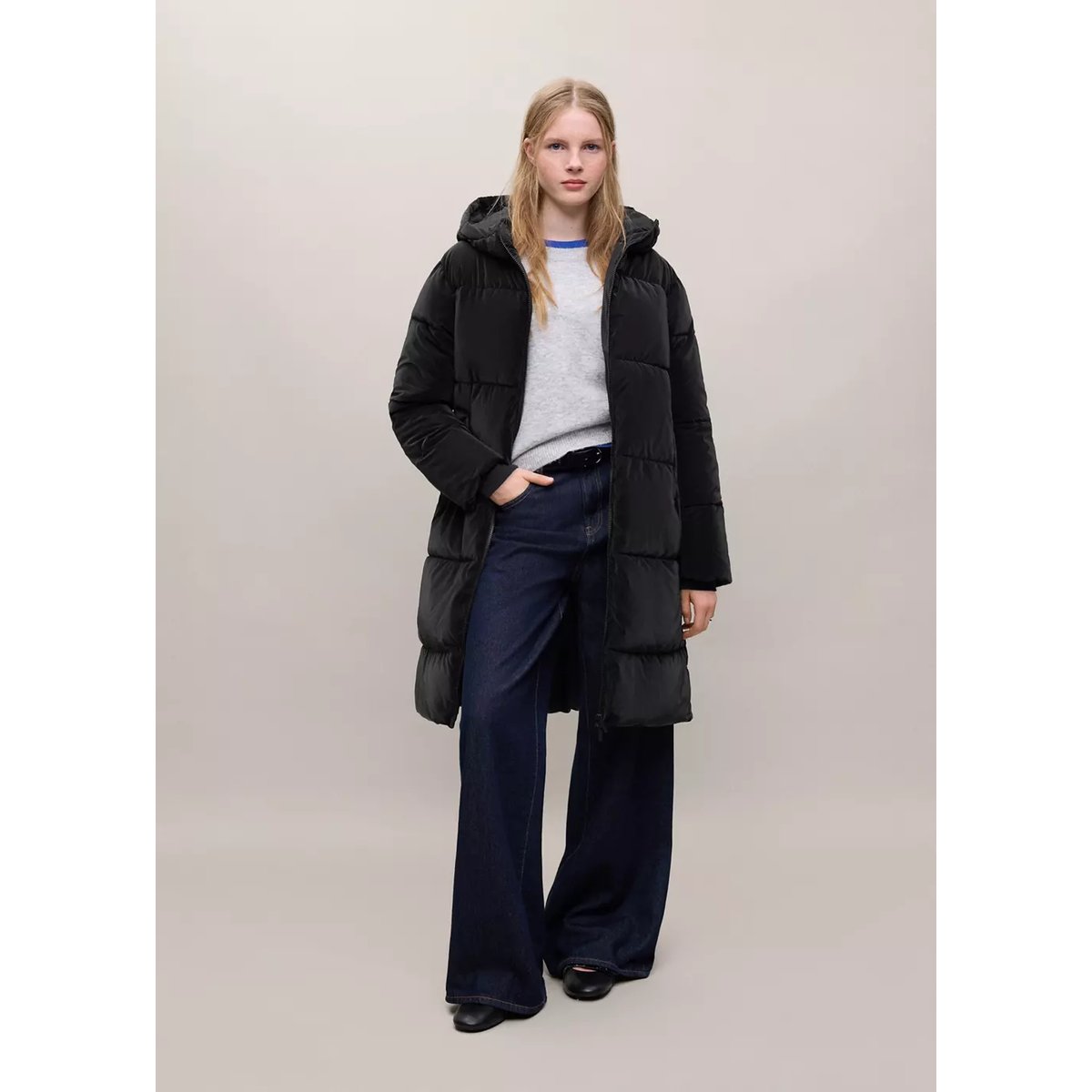 Anorak matelassé long avec capuche noir, MANGO TEEN