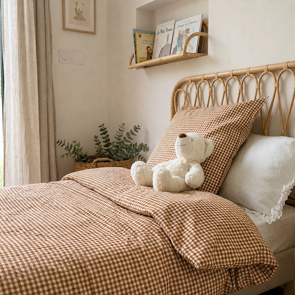 Parure de couette 1 personne coton bio vichy POM POUCE caramel, LITTLE CREVETTE