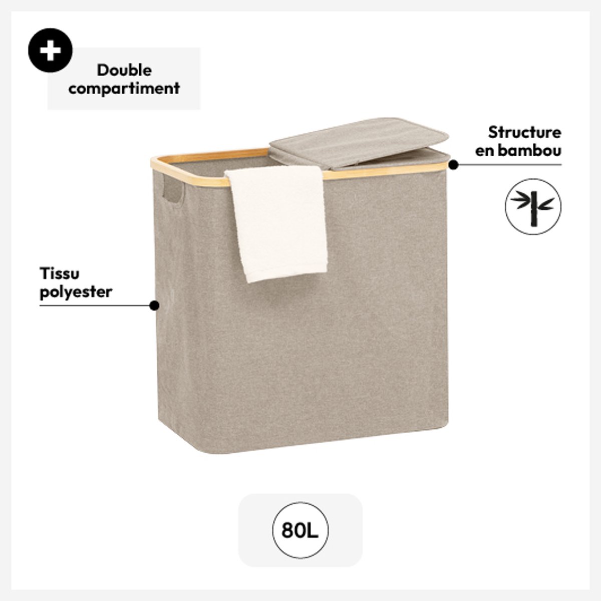 Panier à linge pliable double 80L TIDY beige, 5FIVE SIMPLY SMART