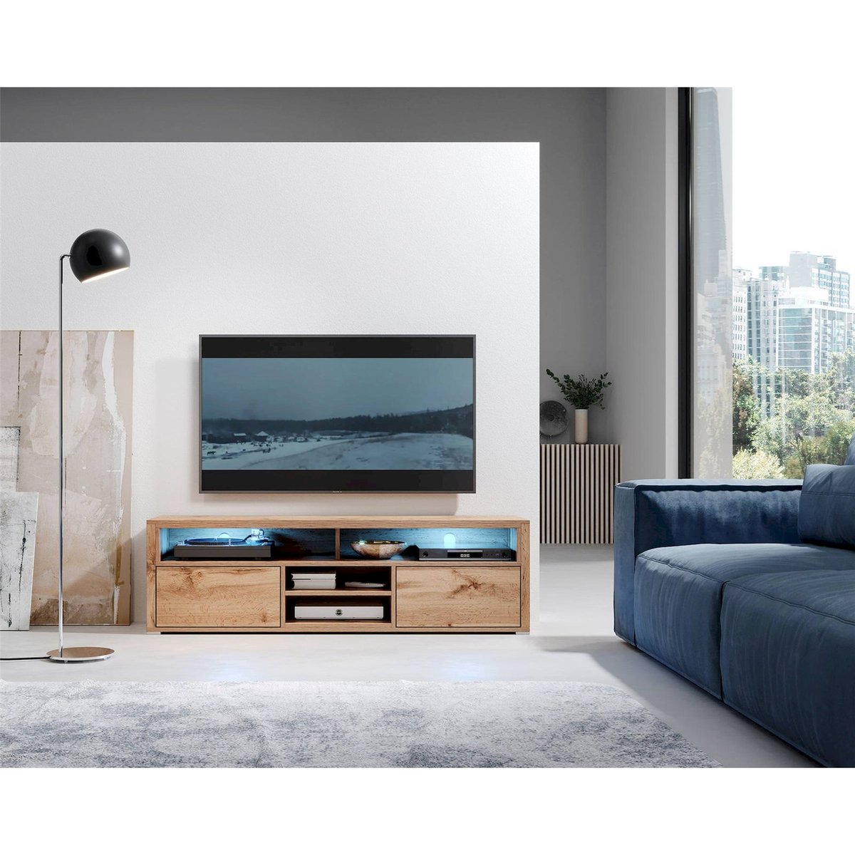 Meuble tv LAKSA en bois avec LED bois clair et noir, RECOLLECTION