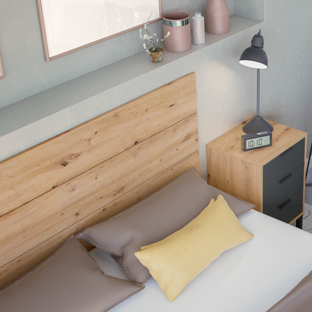 Tête de lit 2 chevets amovibles 3 tiroirs bois naturel, TERRE DE NUIT