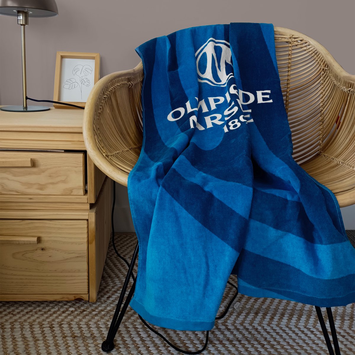 Serviette de bain et de plage imprimé 100% coton, OM MER bleu, OLYMPIQUE DE MARSEILLE