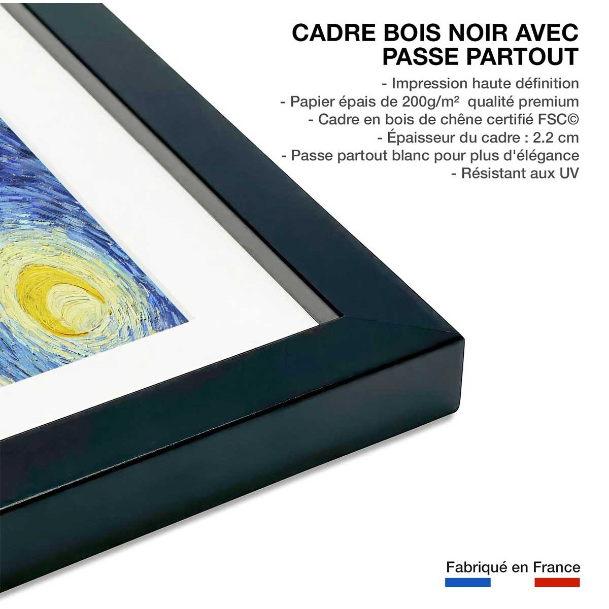 Poster La nuit étoilée - Vincent Van Gogh affiche + cadre en bois - noir, HEXOA