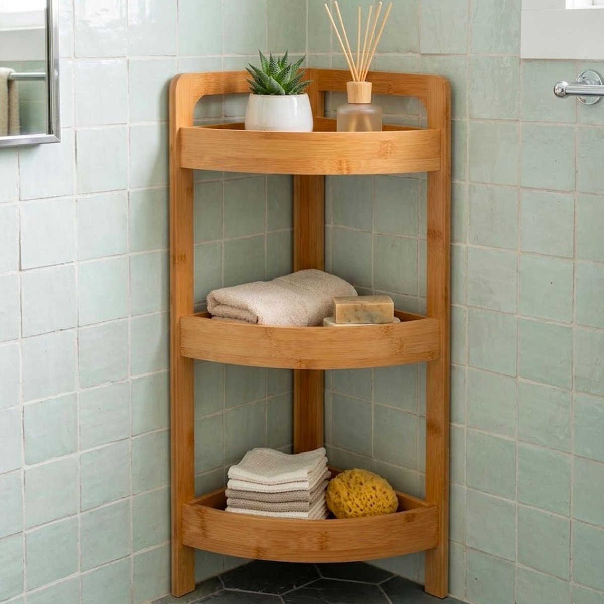 Étagère salle de bain d'angle 3 plateaux en bambou 23x23x61cm bois, WADIGA