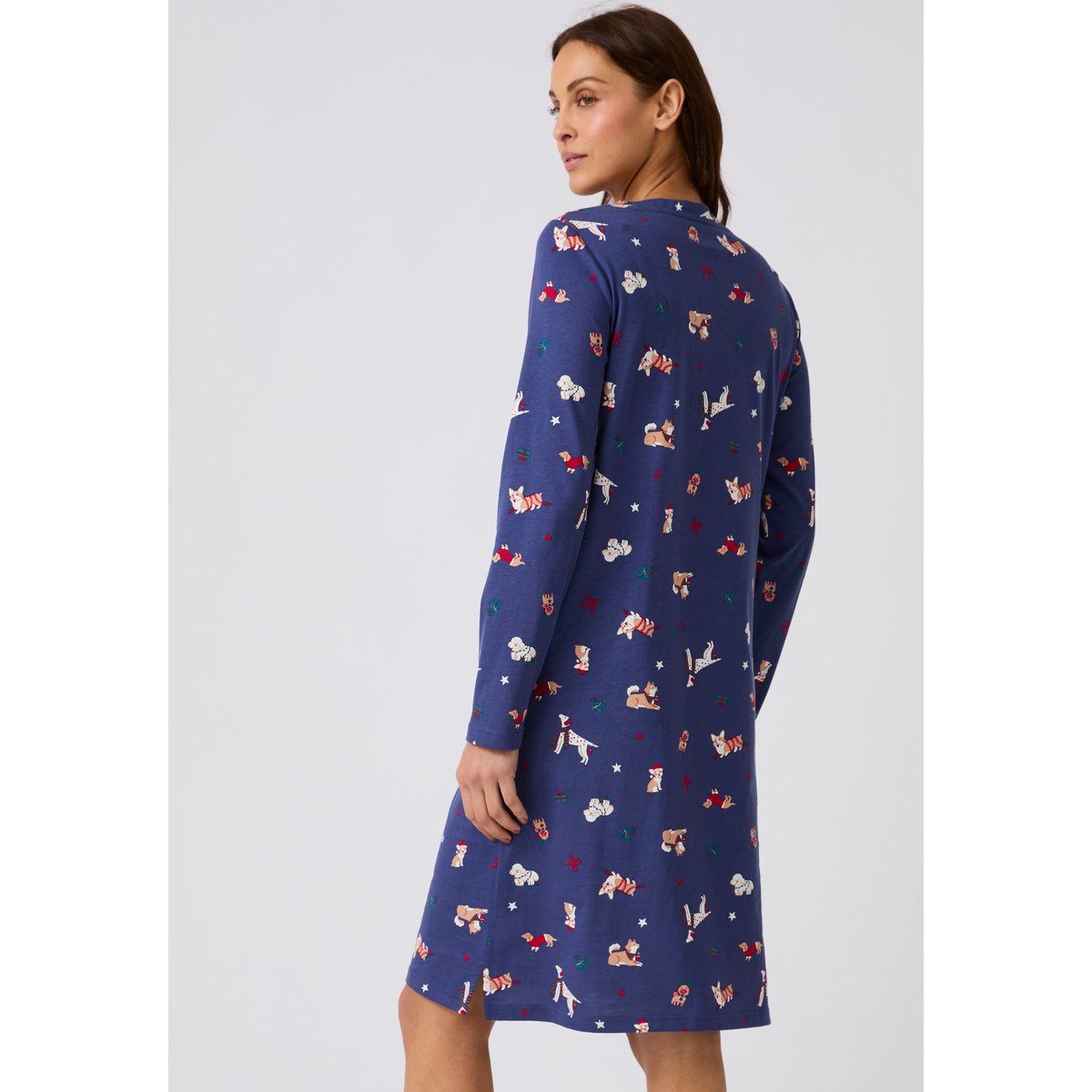 Chemise de nuit de Noël en maille jersey pur coton peigné bleu marine imp., DAMART