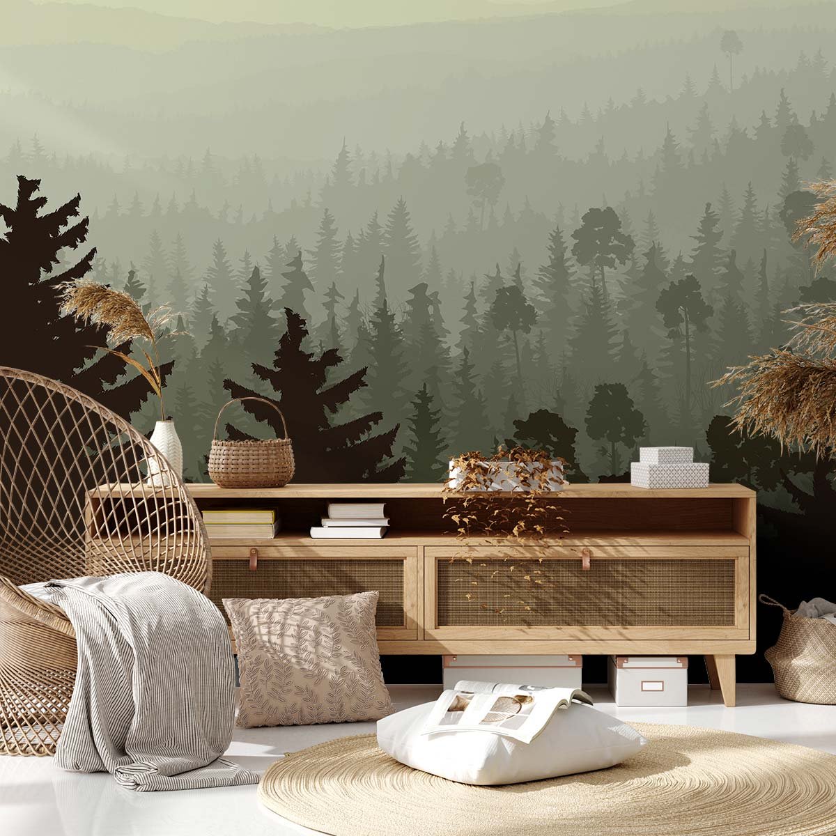 Papier peint panoramique exotique dessin de foret intissé, HEXOA
