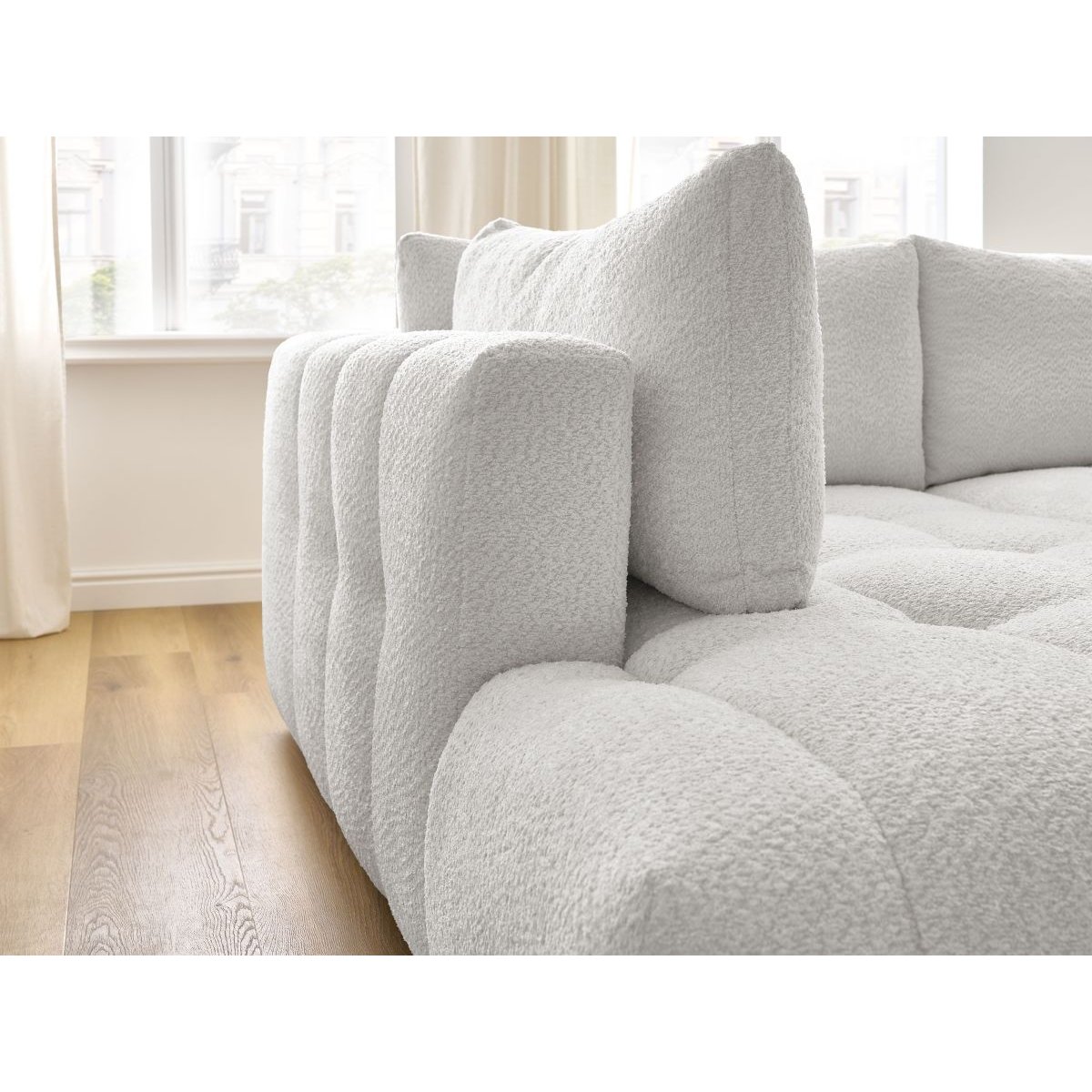 Canapé d'angle convertible 4 places en tissu bouclette avec pouf, FUJI blanc, BOBOCHIC