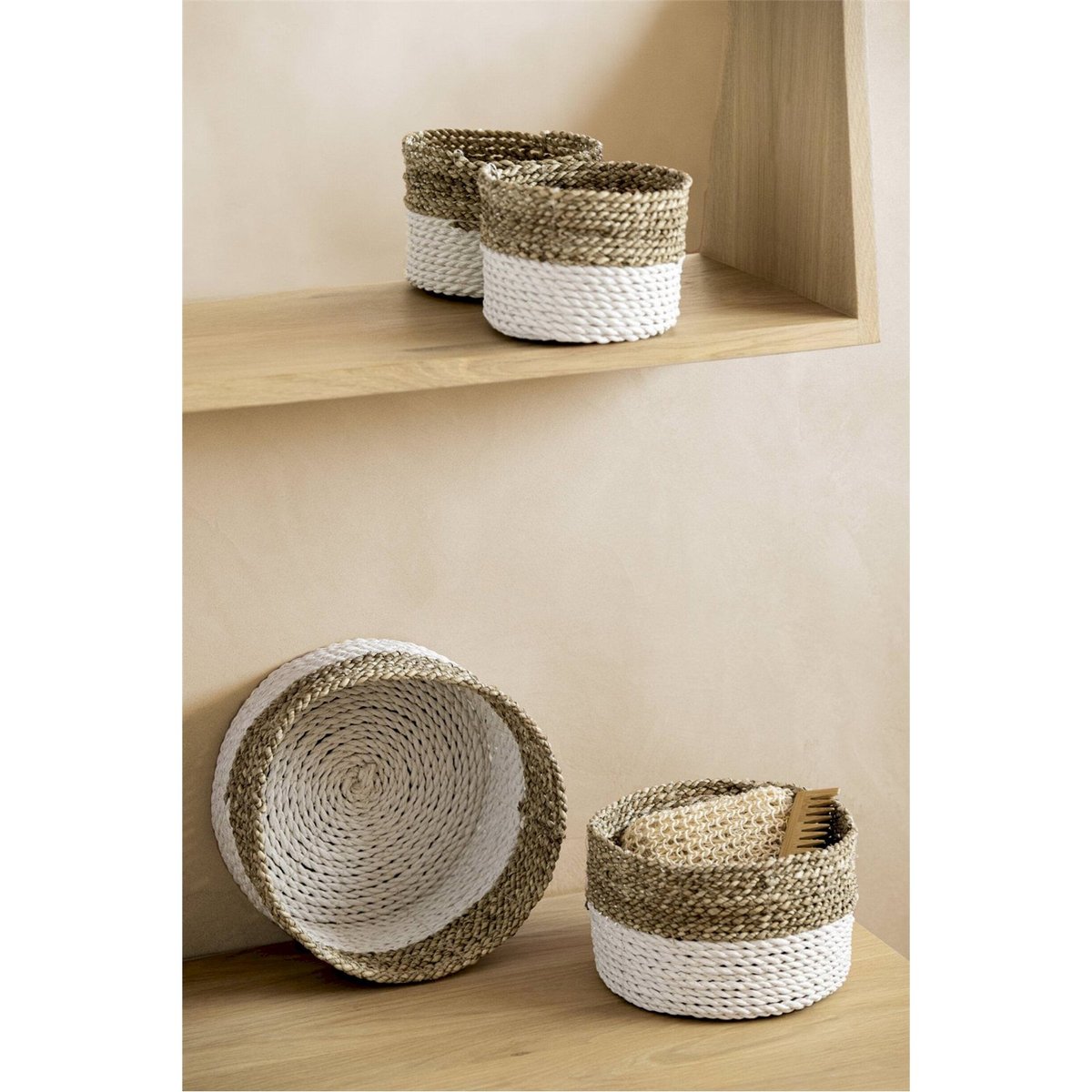 Paniers en jonc de mer, Lot de 3 naturel et blanc, RECOLLECTION