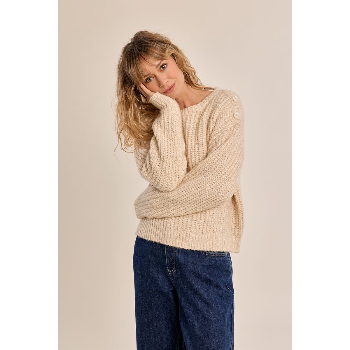 Pull en maille, détail bouton cream, MOLLY BRACKEN