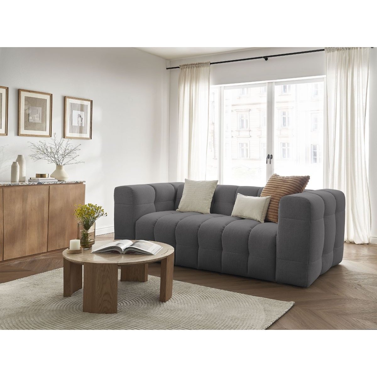 Canapé droit convertible 3 places en tissu lisse, CLOUD gris foncé, BOBOCHIC