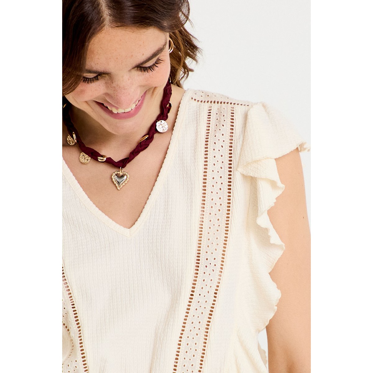 Blouse col rond manches courtes dentelle ecru, CACHE CACHE
