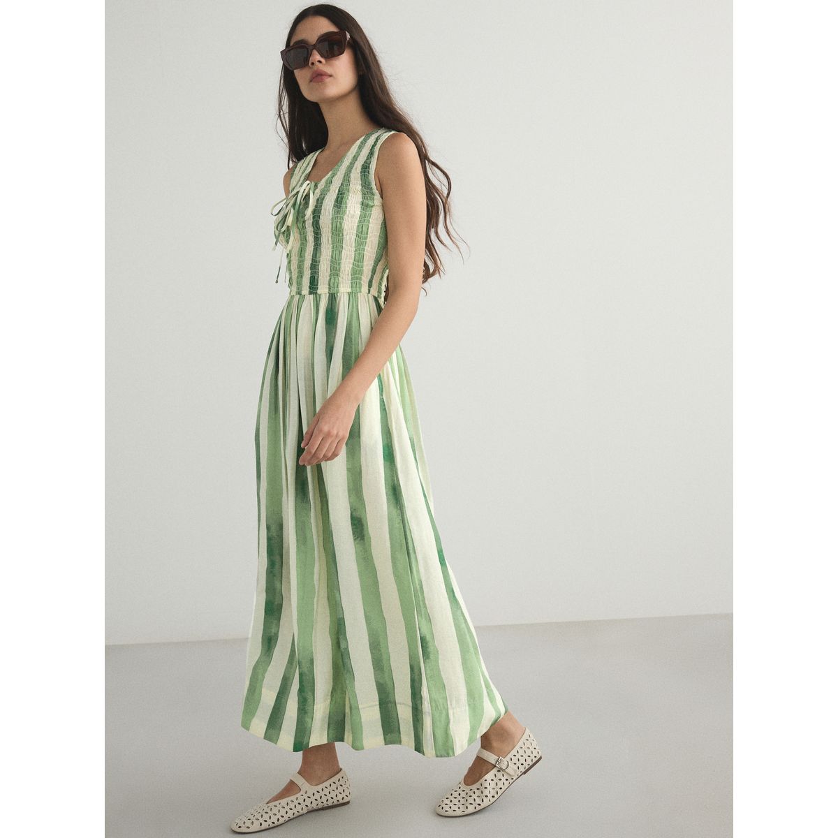 Robe longue à corsage froncé nouer vert à rayures, NEXT