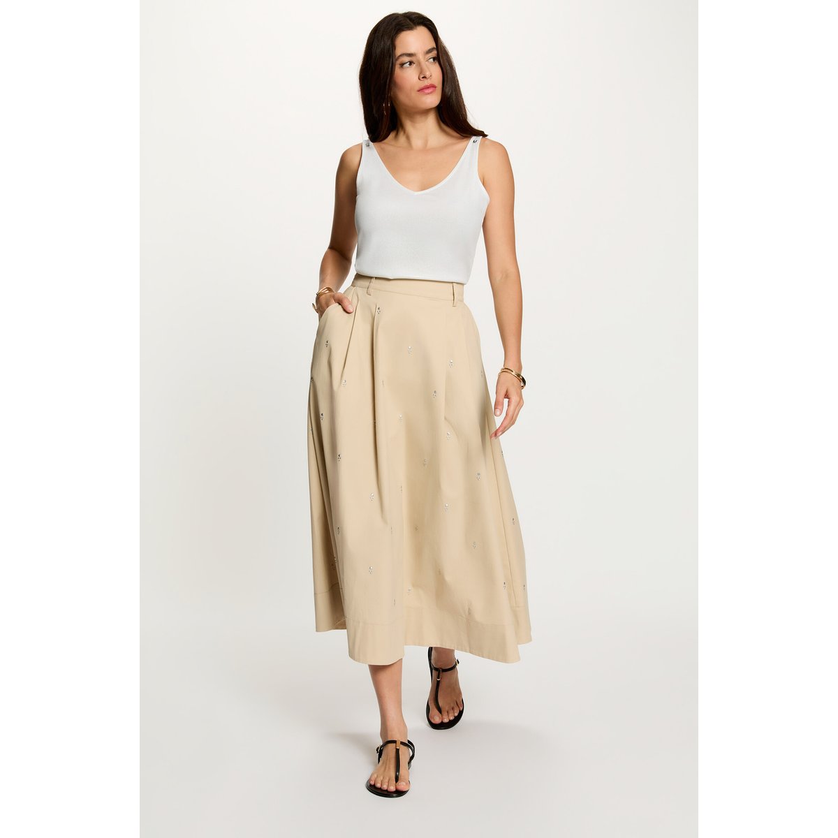 Jupe longue taille haute beige, MORGAN