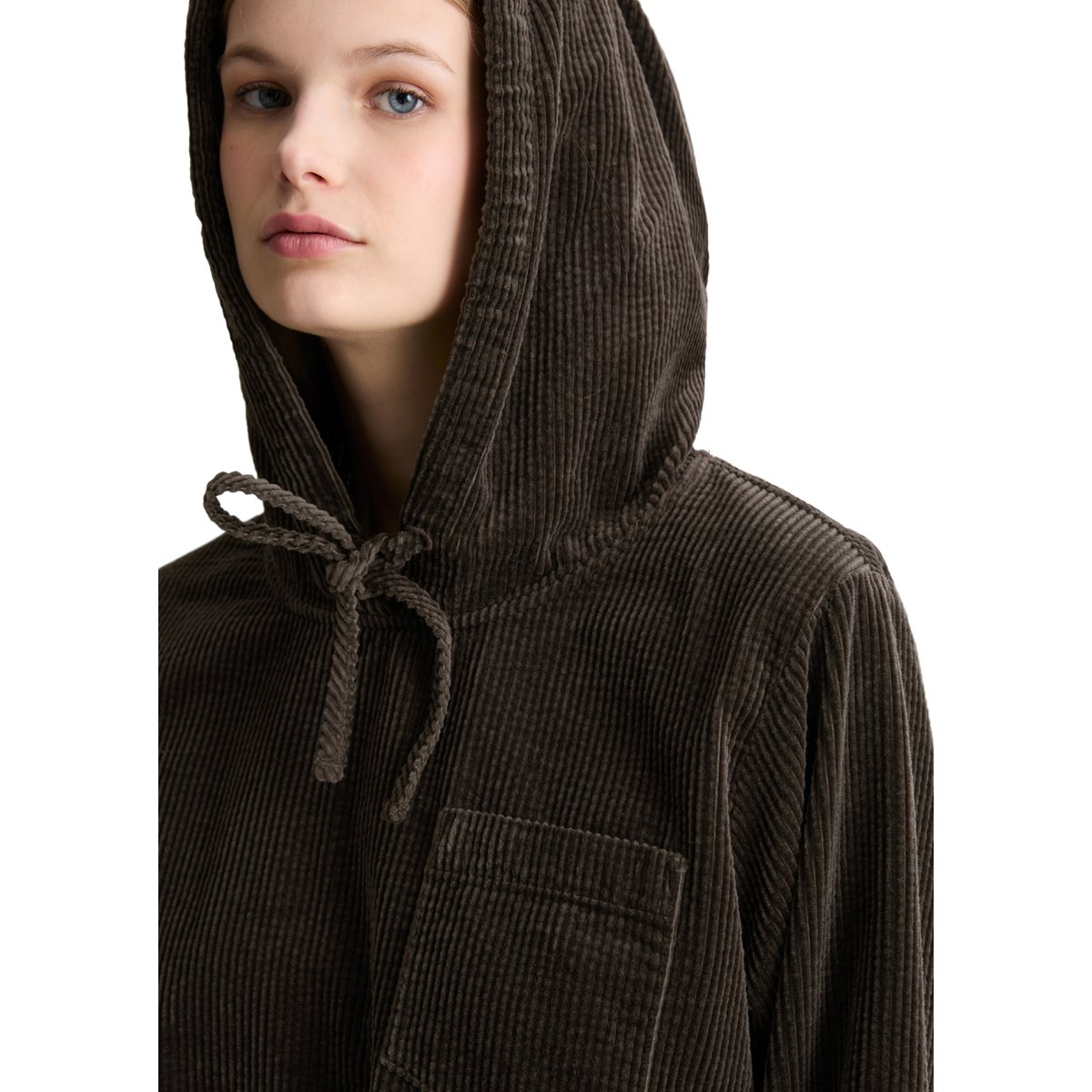Blouse à capuche en velours côtelé relaxed avec une structure en bulle décontractée marron foncé, MARC O’POLO DENIM