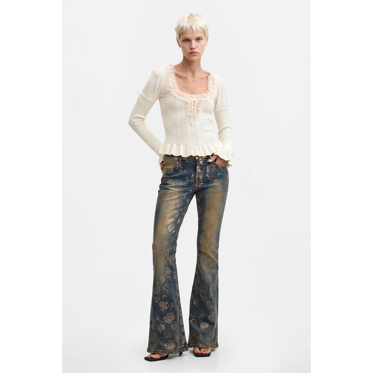 pull côtelé en maille fine beige, DESIGUAL