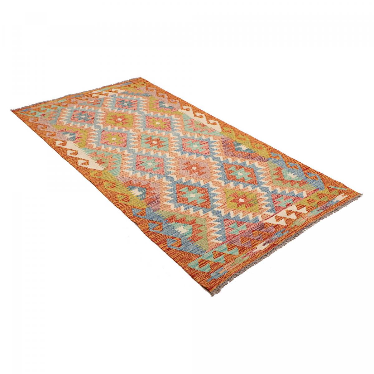 Tapis kilim, motif géométrique authentique, tissé plat, KILIM 28 multicolore, bleu, orange, UN AMOUR DE TAPIS