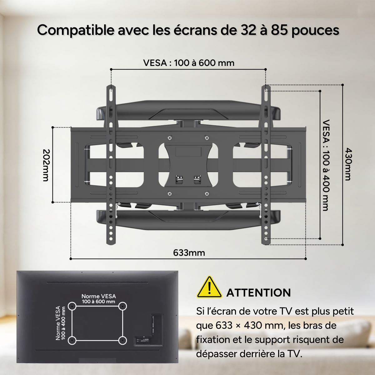 Support mural TV télé orientable-inclinable 32''-85'' couleur unique, ESSENTIEL B