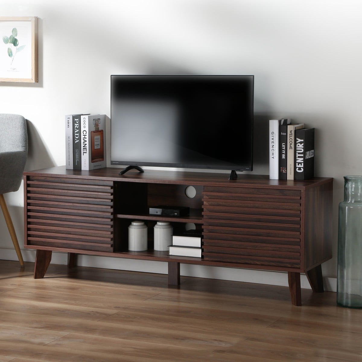 Meuble TV portes coulissantes Façades Effet Bois Rainuré L135 cm - FRIBOURG bois foncé, CALICOSY