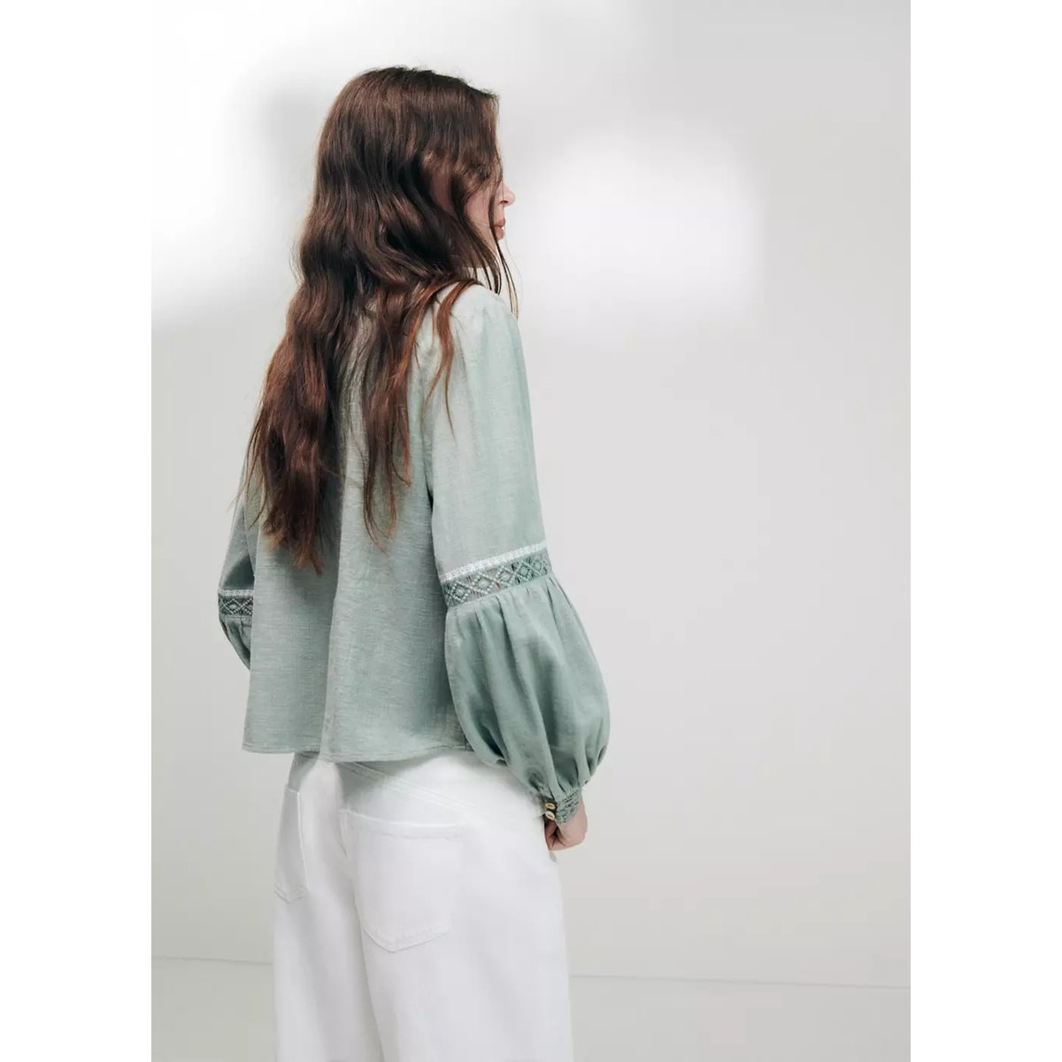 Blouse brodée manches bouffantes vert menthe, MANGO TEEN