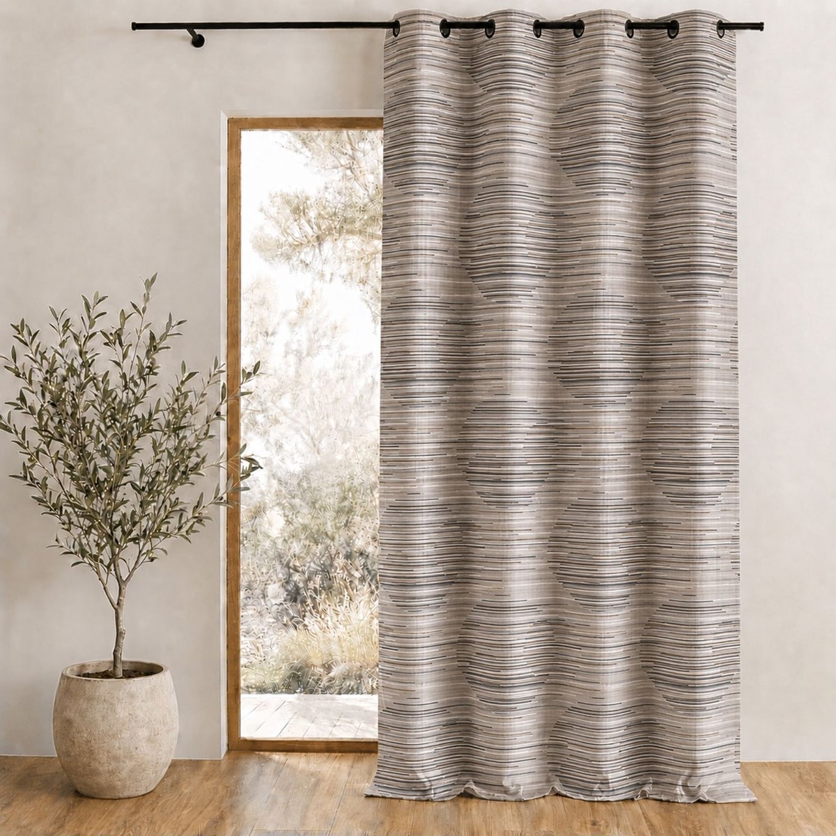Rideau tamisant en jacquard à motifs graphiques taupe, HOME MAISON