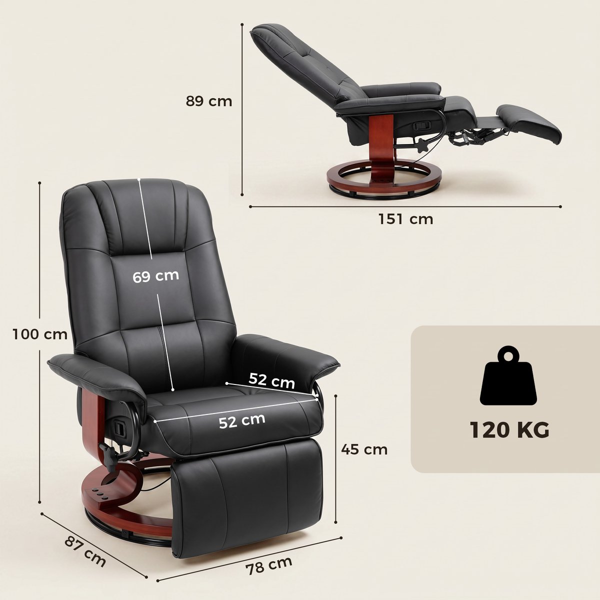 fauteuil inclinable simili cuir Noir noir, HOMCOM